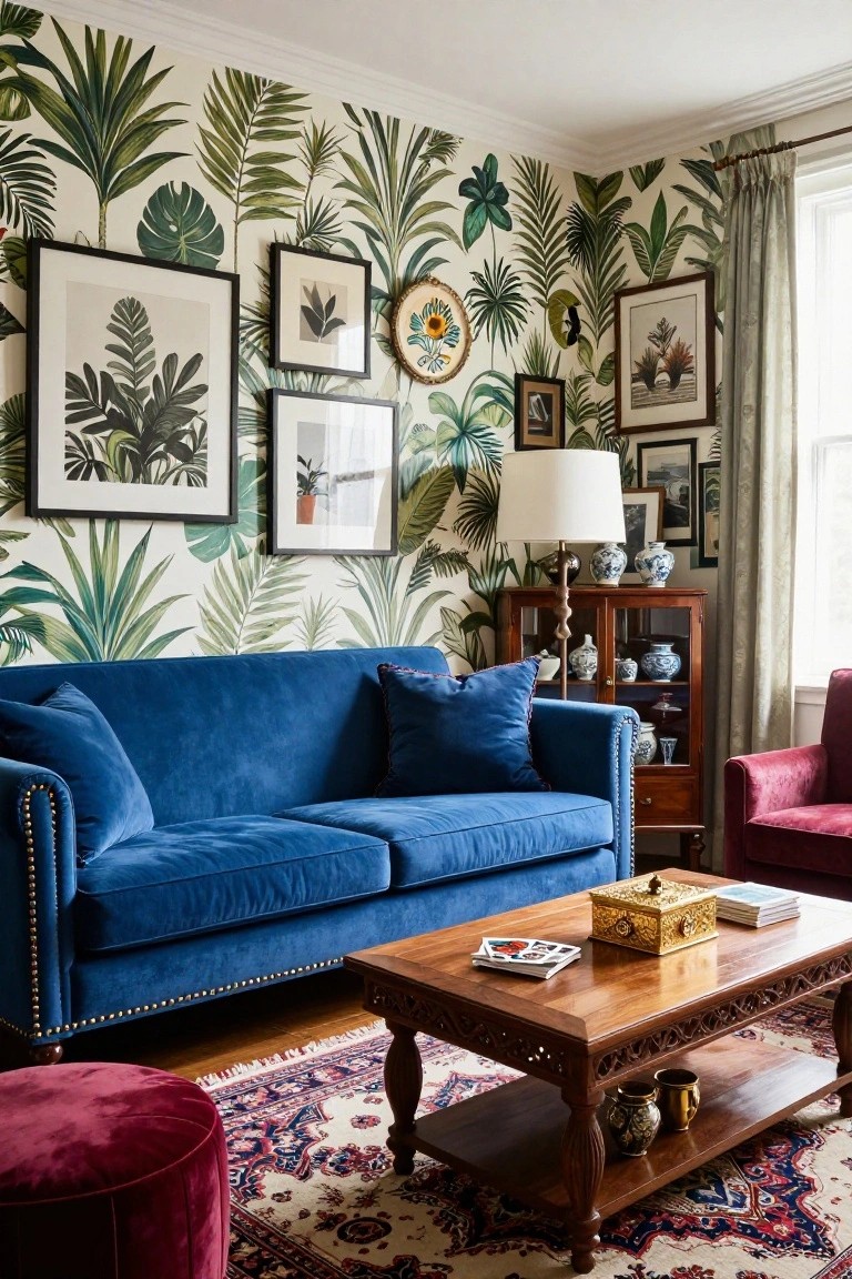 Blue velvet sofa with tropical leaf wallpaper and wooden coffee table.
