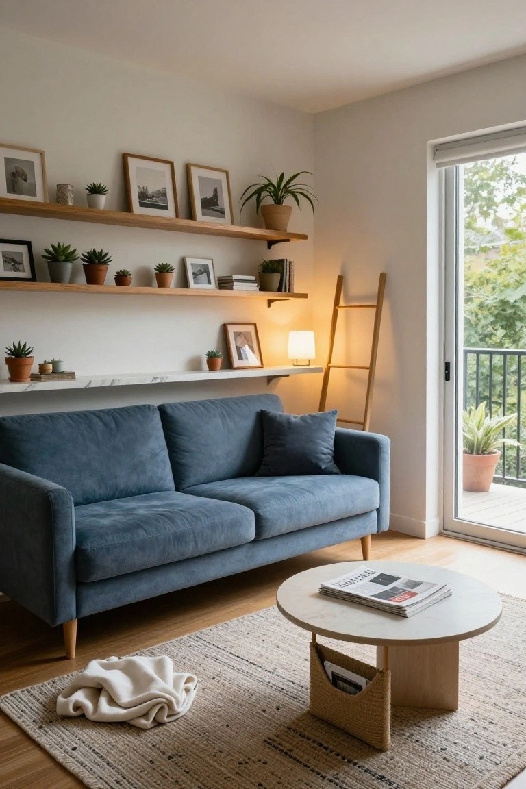 A modern living room with a blue velvet two-seater sofa facing a round wooden coffee table, wooden floating shelves on white walls holding plants, framed photos, and books, a lamp on a ladder shelf, and glass doors to an outdoor balcony.