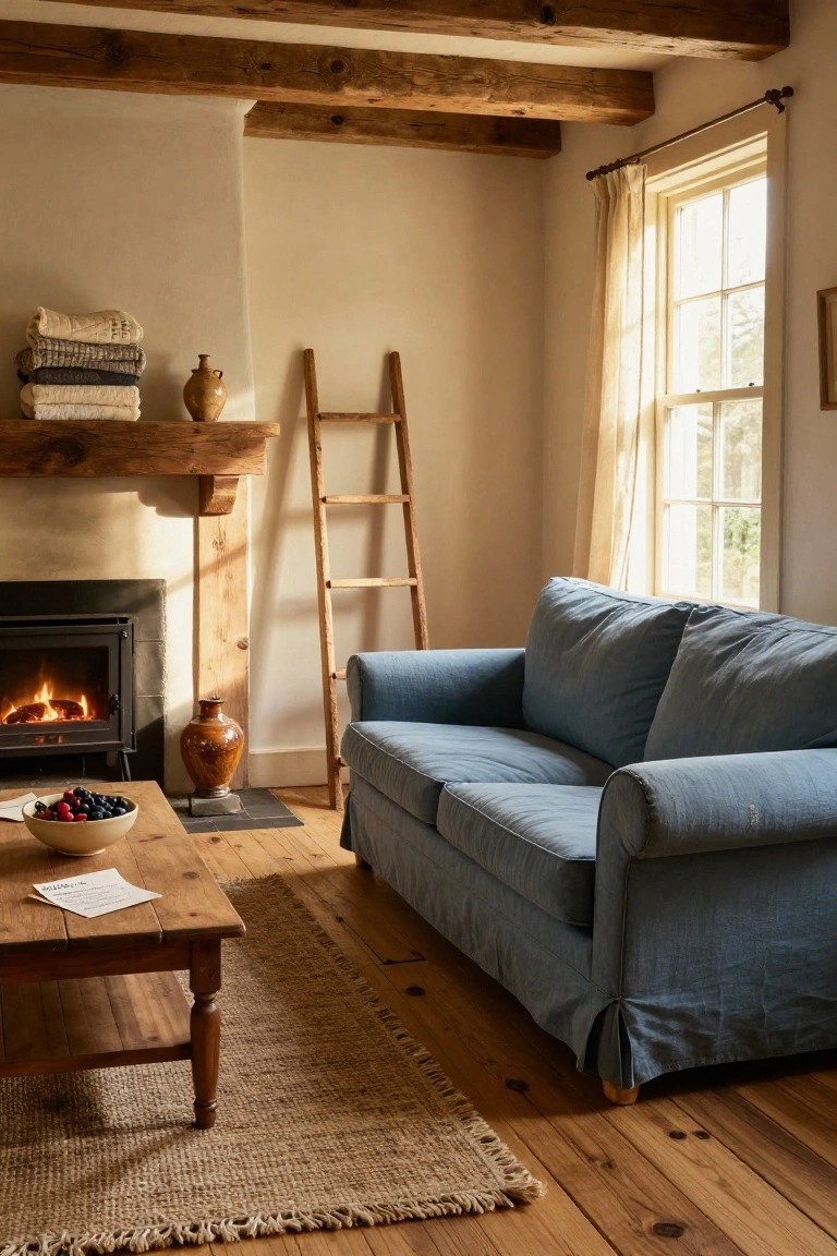 Cozy living room interior with exposed wooden beams, a blue slipcovered sofa, wooden ladder, stone fireplace with fire, wooden coffee table holding a bowl of berries, and linen curtains on a window.