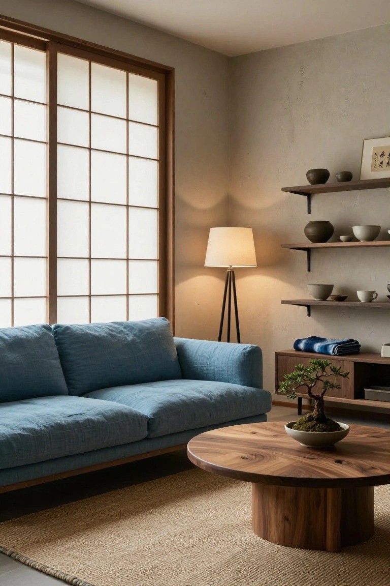 Minimalist living room with blue linen sofa, round wooden coffee table holding a bonsai in a white bowl, shoji screen windows, floating shelves displaying ceramic pots, tripod floor lamp, and beige rug.