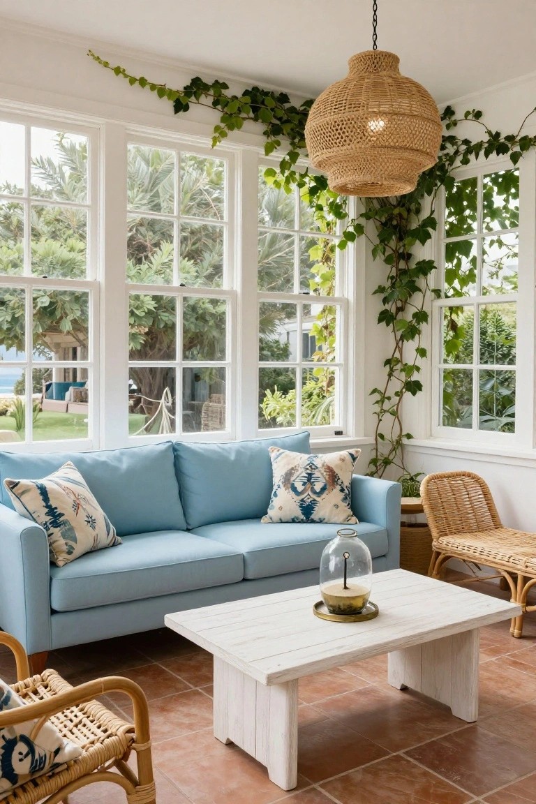 Sunroom interior with light blue sofa, patterned pillows, rattan chairs, white coffee table holding a glass cloche, large white-framed windows showing garden and ocean view, climbing ivy on walls, and rattan pendant light.