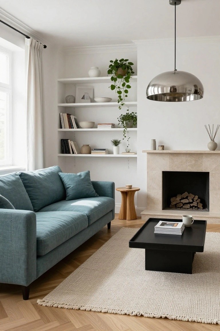 Teal fabric sofa in a white-walled living room with floating shelves holding books, ceramics, and plants, a beige stone fireplace with firewood, black coffee table, wood side table, pendant light, and herringbone parquet floors.