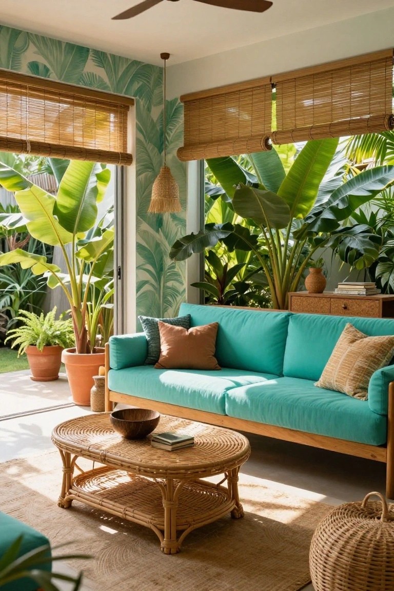 Living room with turquoise sofa, rattan coffee table and baskets, tropical palm wallpaper on walls, potted plants, and open doors revealing lush outdoor garden with large banana plants.