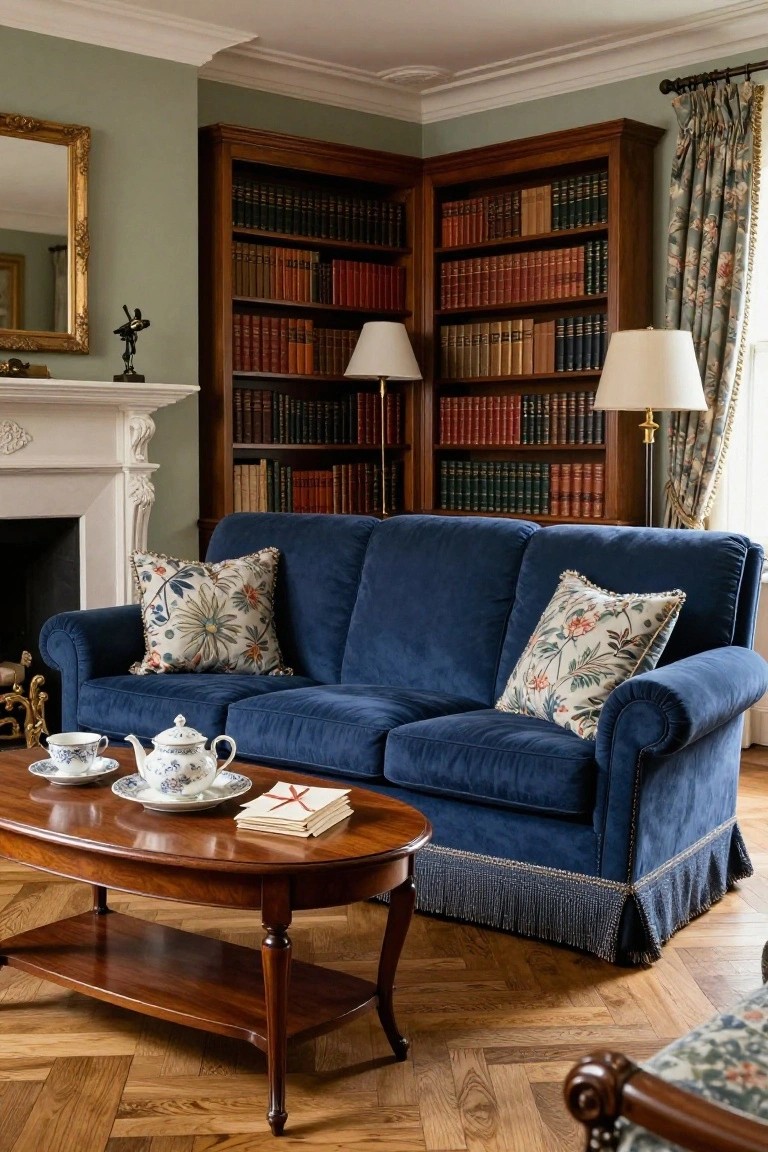 Living room with deep blue velvet sofa on parquet floor, corner wooden bookshelves filled with books, marble fireplace, oval wooden coffee table holding porcelain teapot and cups, and sage green walls with floral curtains.