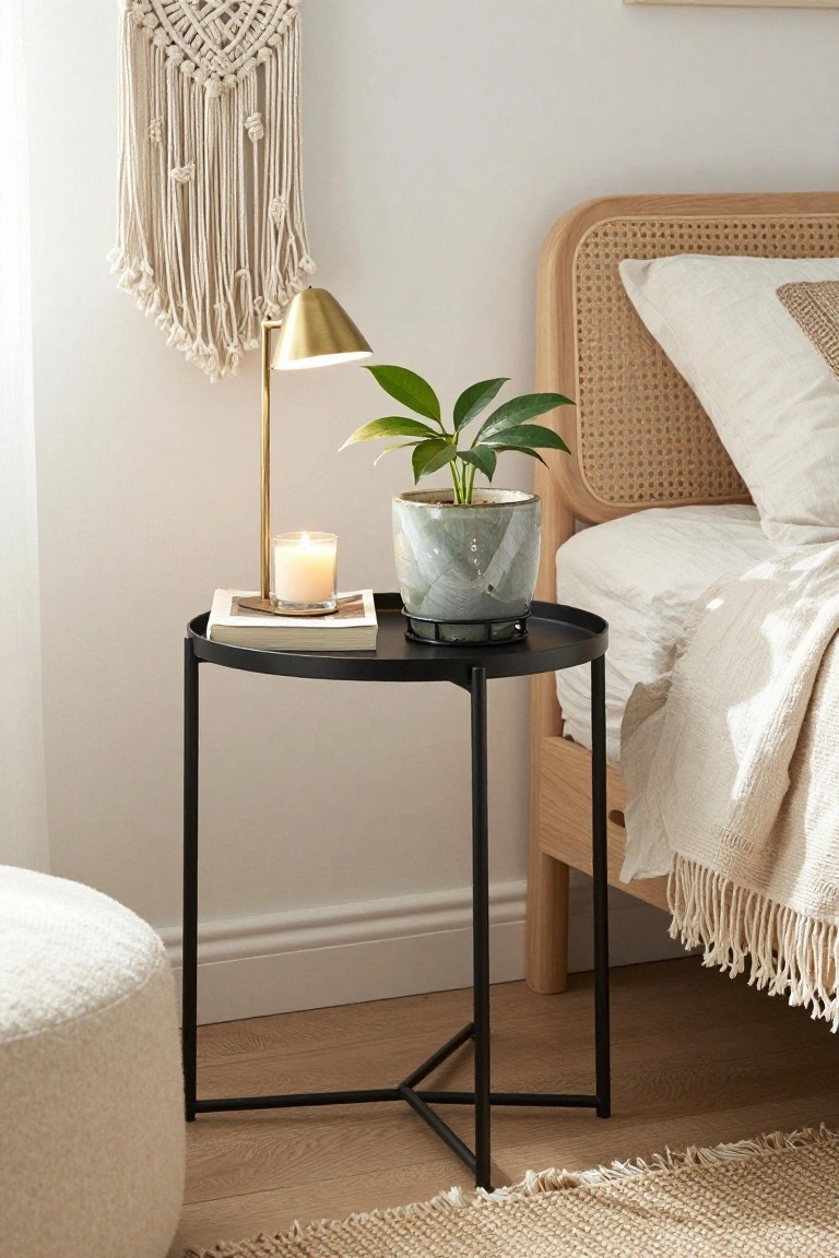 A minimalist bedroom nightstand with a plant, candle, and brass lamp.