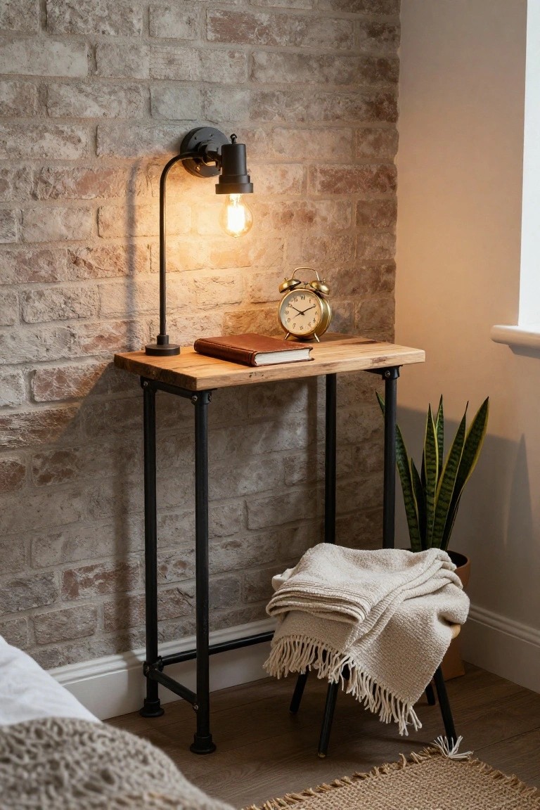 A narrow wooden table with black metal legs sits against a brick wall in a bedroom, holding a book and brass alarm clock, with a wall-mounted lamp above and a folded blanket on a stool nearby.