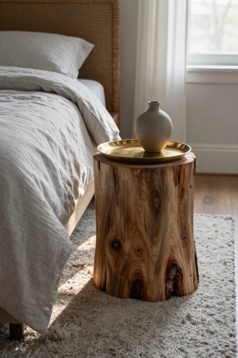 Minimalist bedroom with wooden stump side table and ceramic vase.