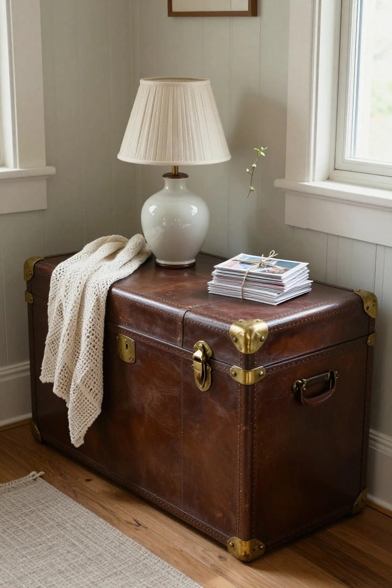 Vintage brown leather trunk with white lamp, knitted throw, and magazines.