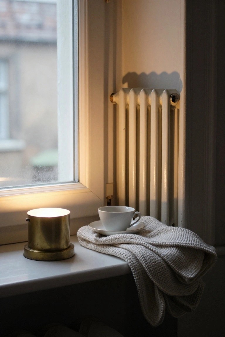 Cozy windowsill with teacup, candle, and draped knit blanket.