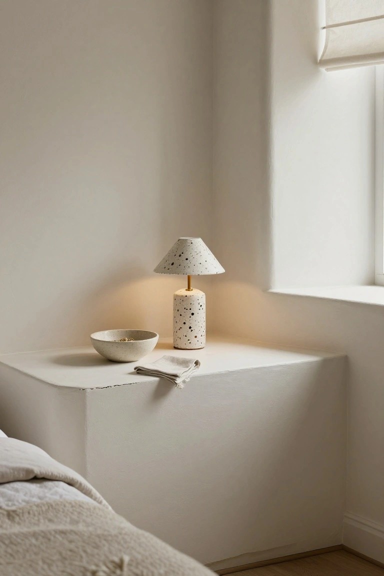 A white built-in ledge serves as a bedside surface in a minimalist bedroom, holding a speckled ceramic lamp, a small bowl, and a folded cloth.