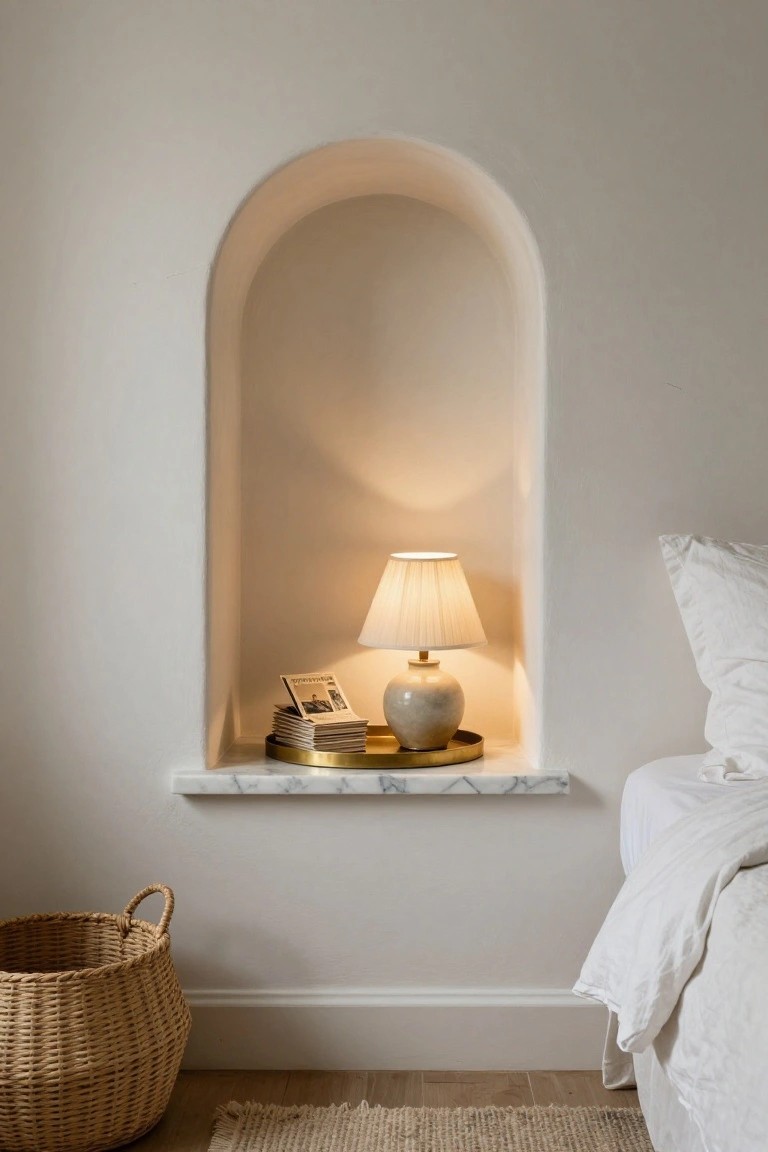 A lit lamp and stacked books sit in an arched marble niche above a bed.