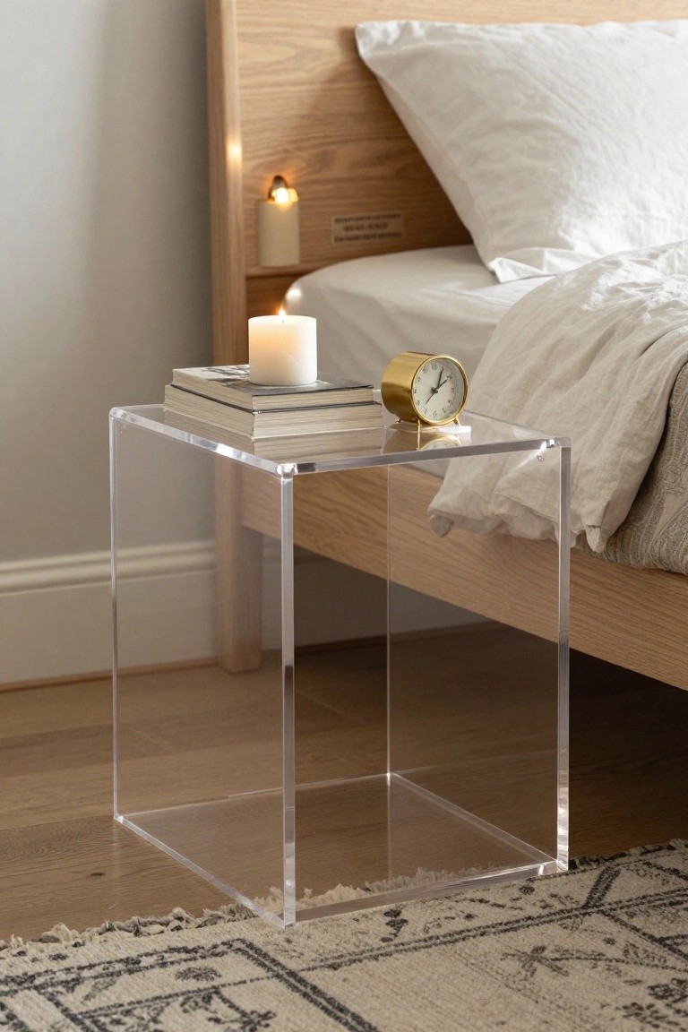 A clear acrylic bedside table next to a bed holds a stack of books topped with a lit candle and a small gold clock.
