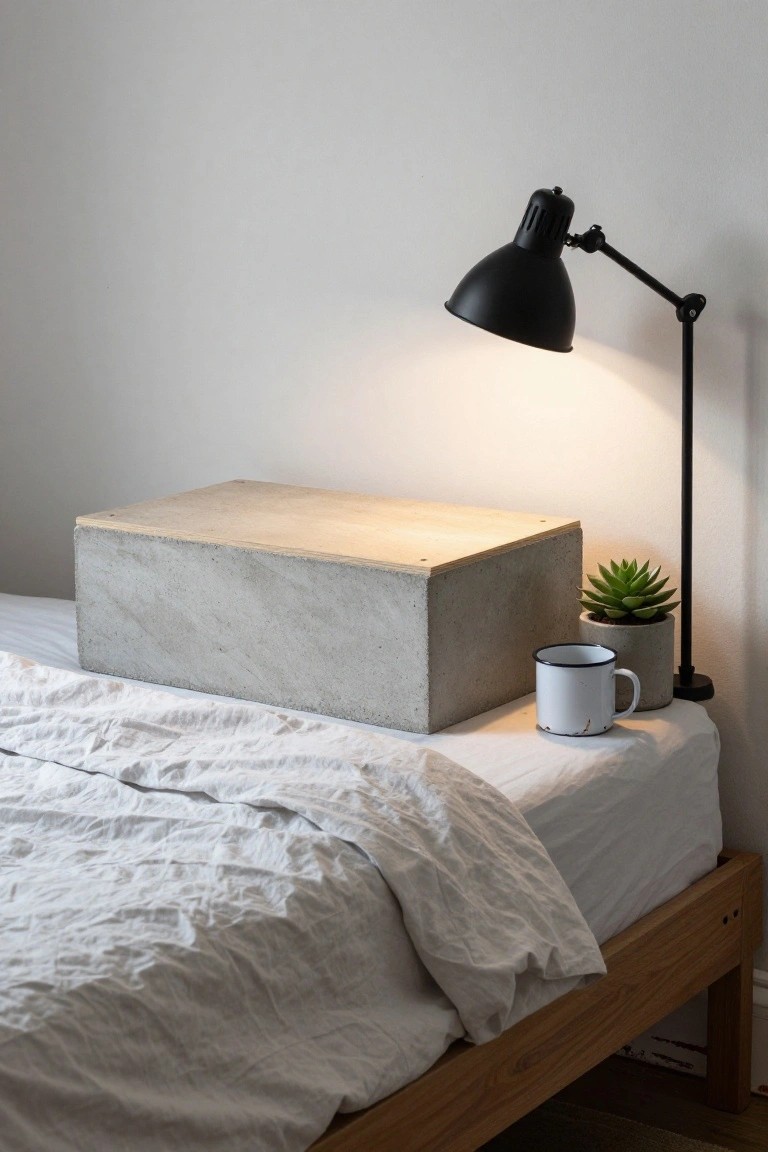 Minimalist bedroom with concrete nightstand, black lamp, and white bedding.