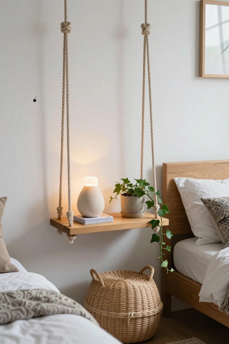 A wooden shelf suspended by thick ropes beside a bed holds a small lamp, a book, and a potted plant with trailing vines.