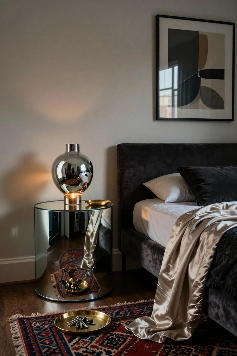A round mirrored bedside table with a metallic lamp sits next to a dark upholstered bed in a bedroom with patterned rugs on the floor.