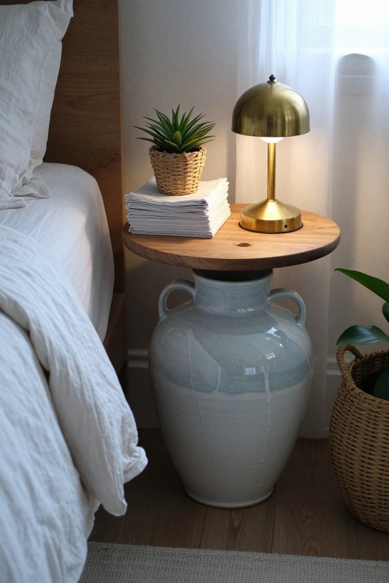Wooden side table on ceramic vase with brass lamp and plant.