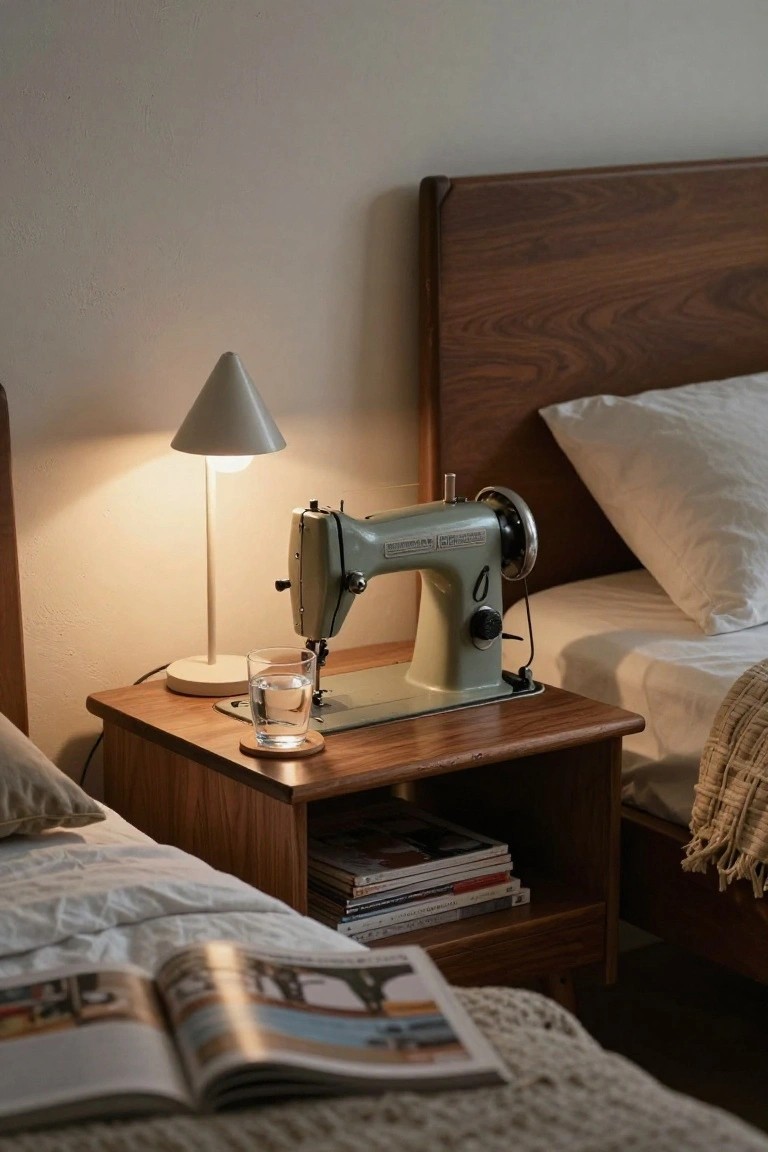 Vintage sewing machine on wooden nightstand beside a lit lamp and bed.