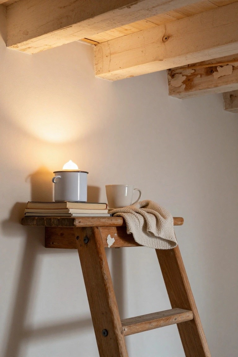 Wooden ladder holds books, enamel pot with light, mug, and cloth.