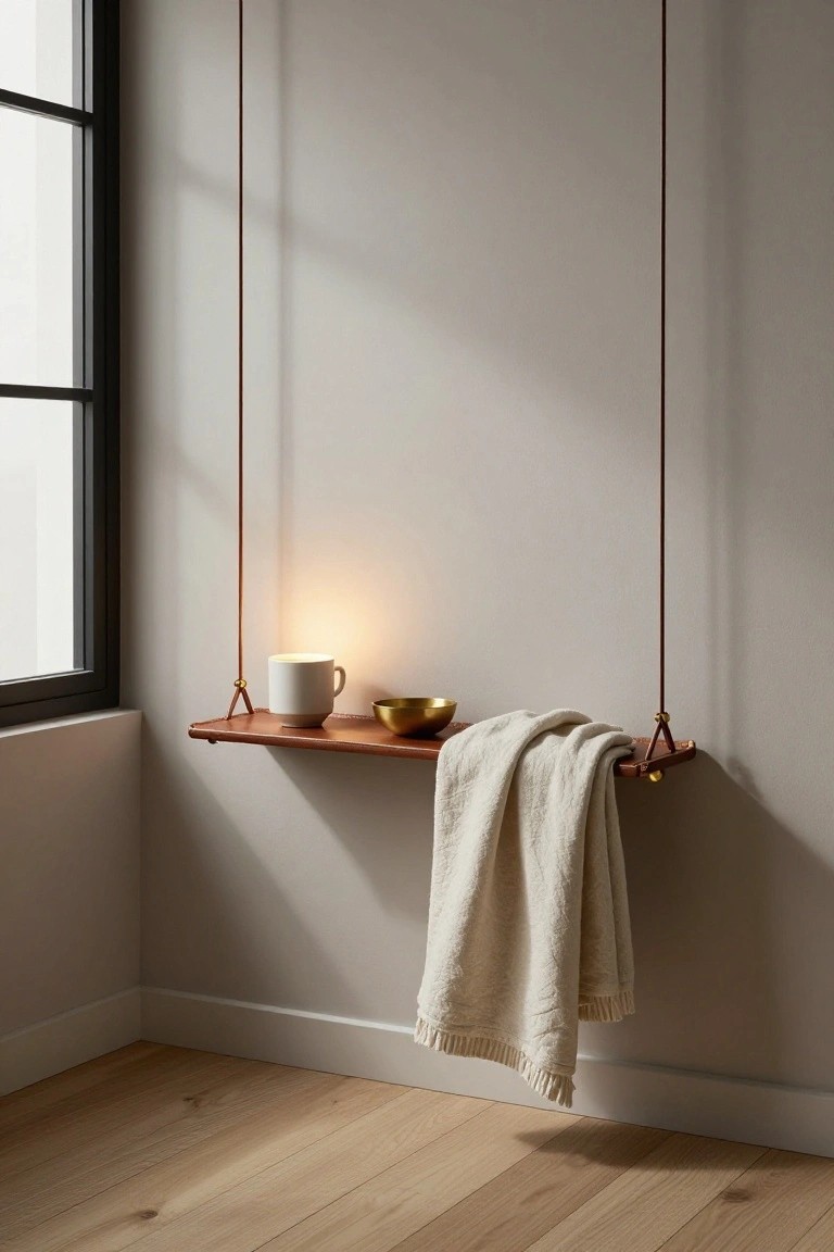A wooden shelf suspended by leather straps on a plain wall holds a white mug and small bowl, with a folded blanket draped over one end.