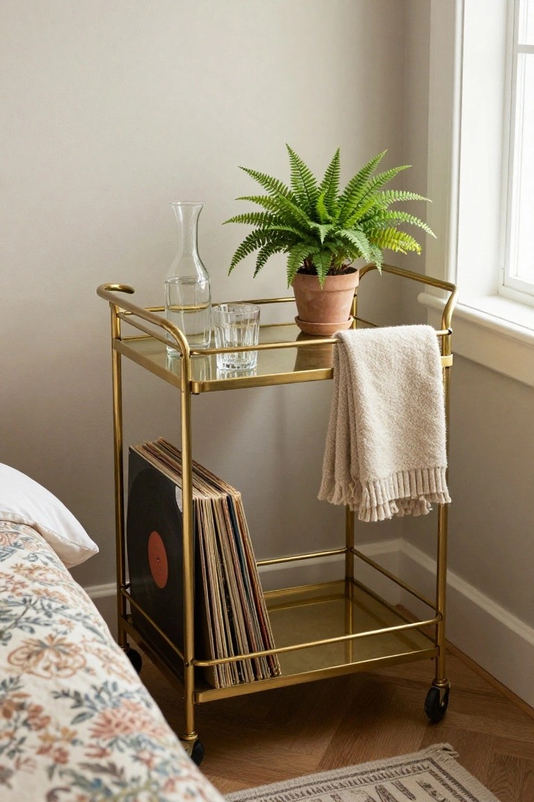 A brass rolling cart with glass shelves is positioned next to a bed, holding a potted fern, a glass carafe, and a folded towel, with a collection of vinyl records stored on the bottom shelf.