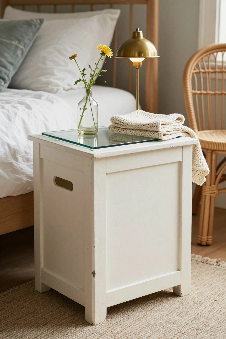 A white wooden crate with a glass top is used as a bedside table holding a brass lamp, a glass vase with flowers, and a folded knit blanket.