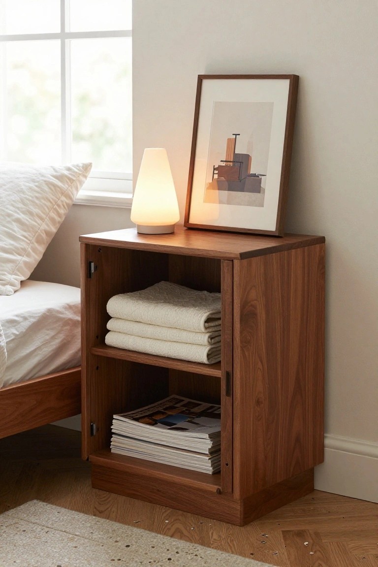 Wooden nightstand with lamp, framed art, folded blankets, and magazines.