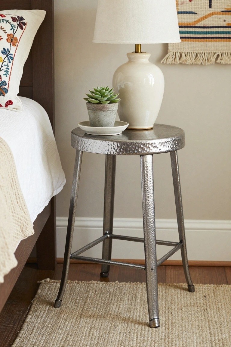 Metal side table with lamp and succulent beside bed.