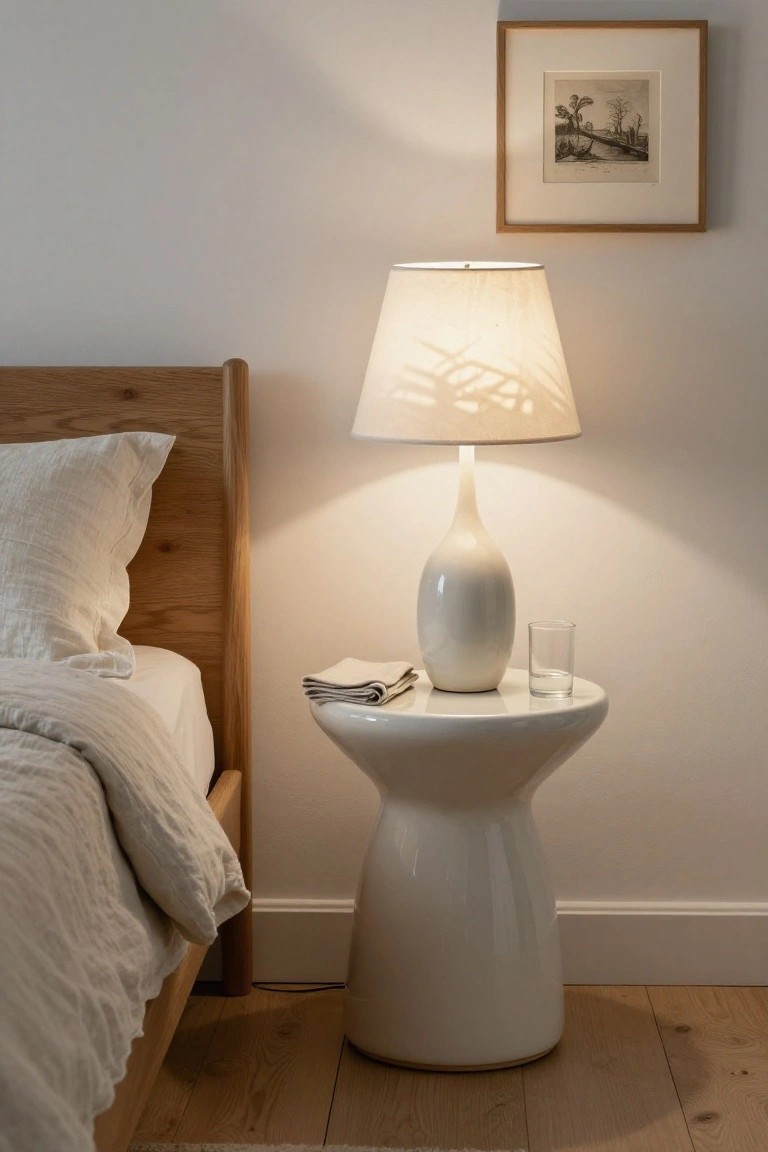 A glossy white sculptural pedestal table with a rounded base sits beside a wooden bed, holding a lit lamp, folded cloth, and small glass.