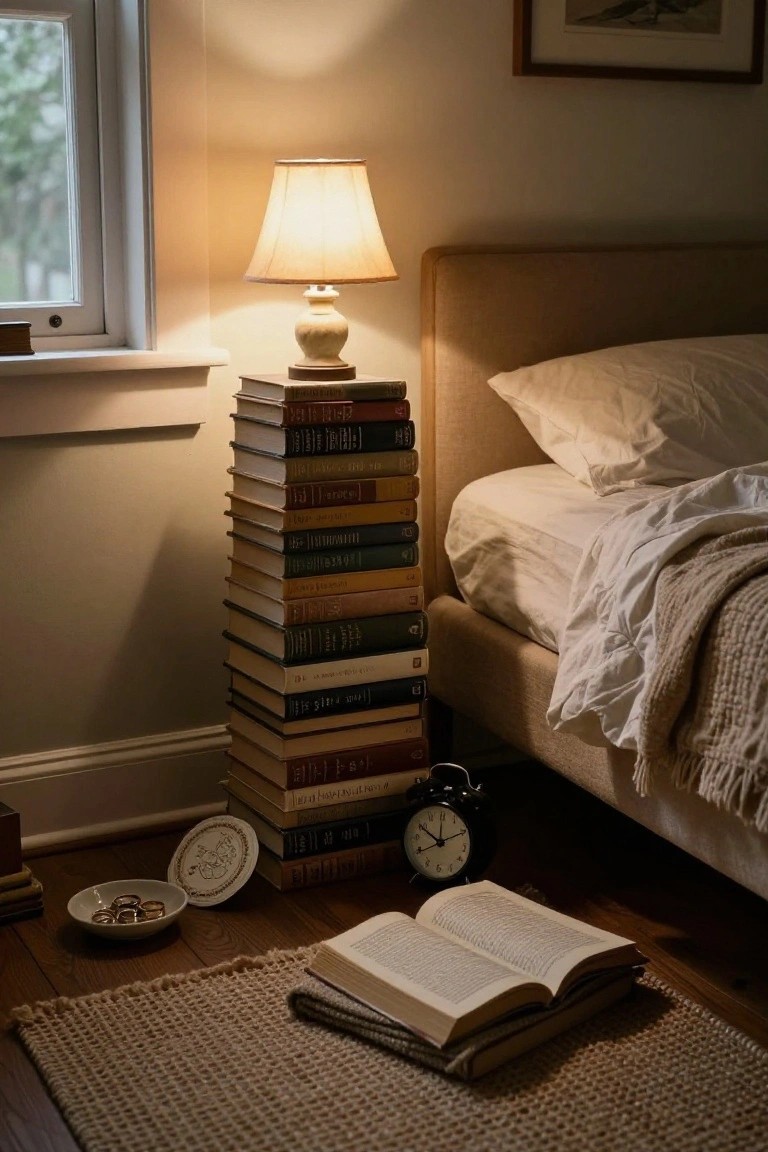 Cozy bedroom with stacked books as bedside lamp, open book on rug.