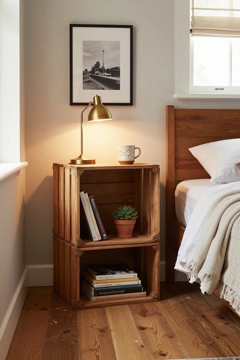 Wooden crate nightstand with books, lamp, and mug beside bed.