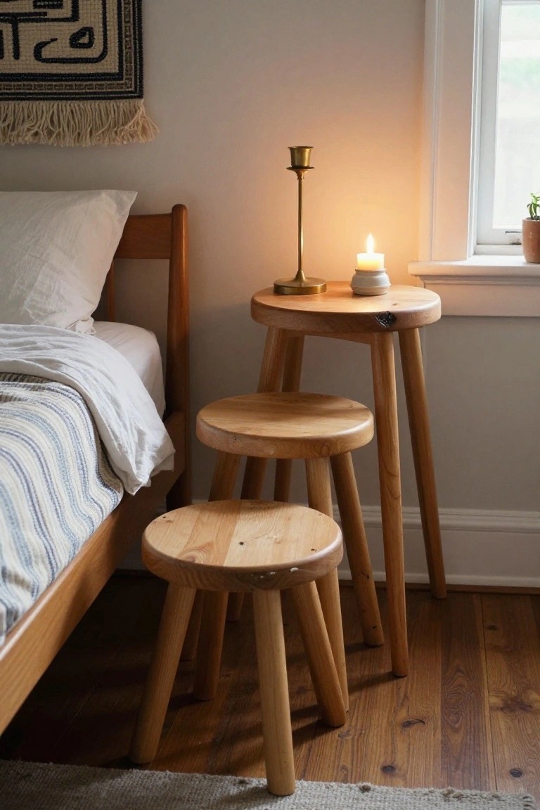 A bedroom corner showing a wooden bed beside two stacked wooden stools used as bedside tables, with a lit candle and brass candlestick on the taller stool.