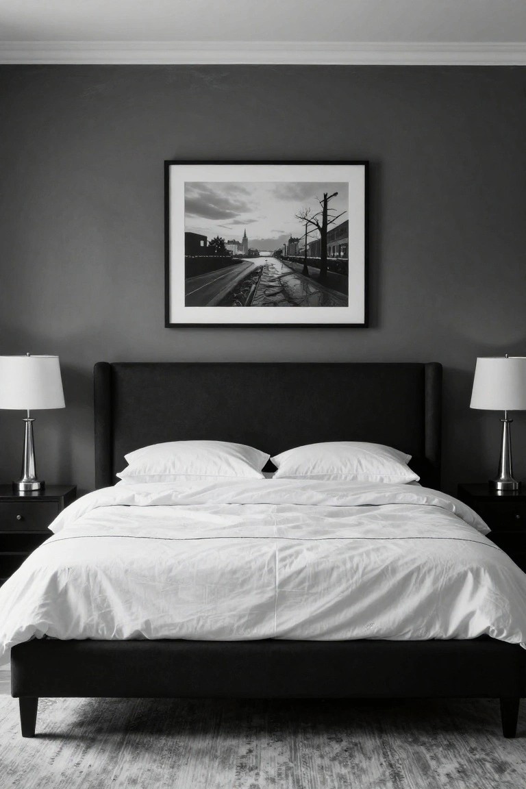 Black-and-white photo of a bedroom with dark gray walls, black upholstered bed frame topped with white duvet and pillows, two nightstands with white lamps, large framed black-and-white artwork above the bed, and light wood flooring.