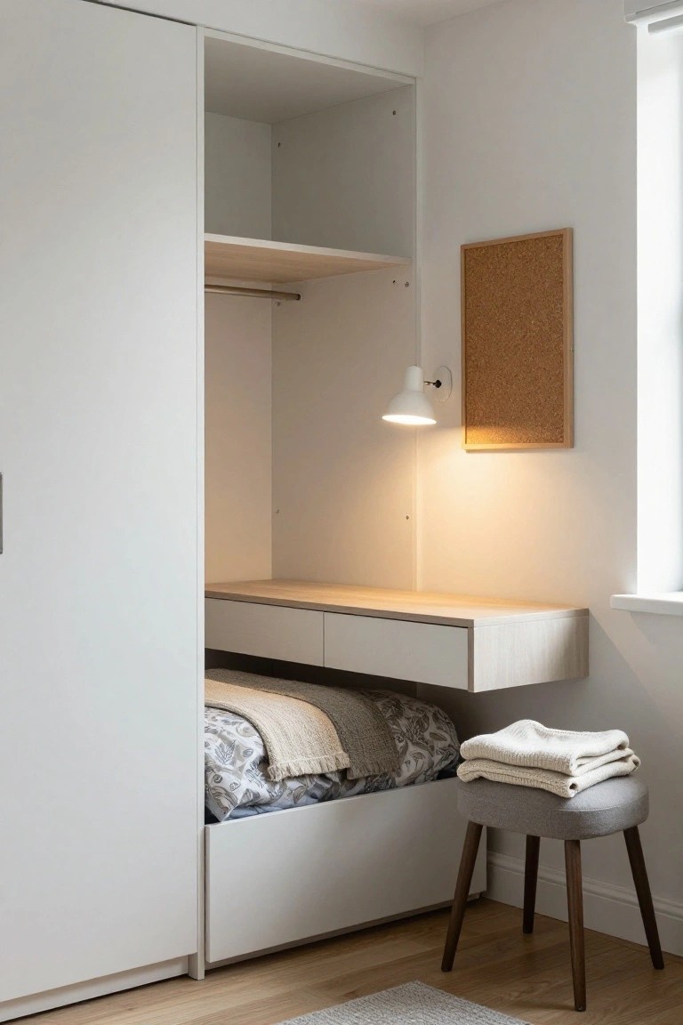 White sliding-door wardrobe with open shelves and hanging rail above a low bed with gray patterned bedding and white throw pillows, next to a floating oak desk, gray stool, and wall lamp in a bedroom with wood floors.