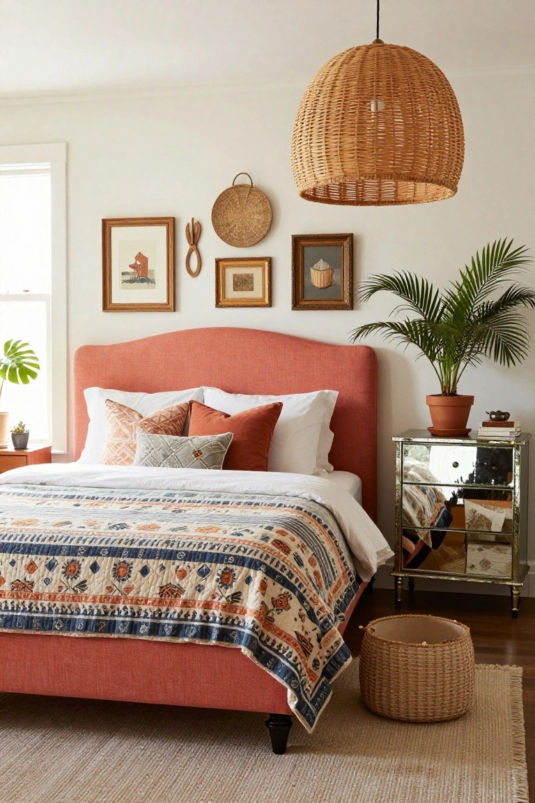 A bedroom with a coral upholstered bed frame, colorful patterned quilt, white pillows, mirrored nightstand, potted plants, wall art, woven pendant light, and seagrass rug on hardwood floor.