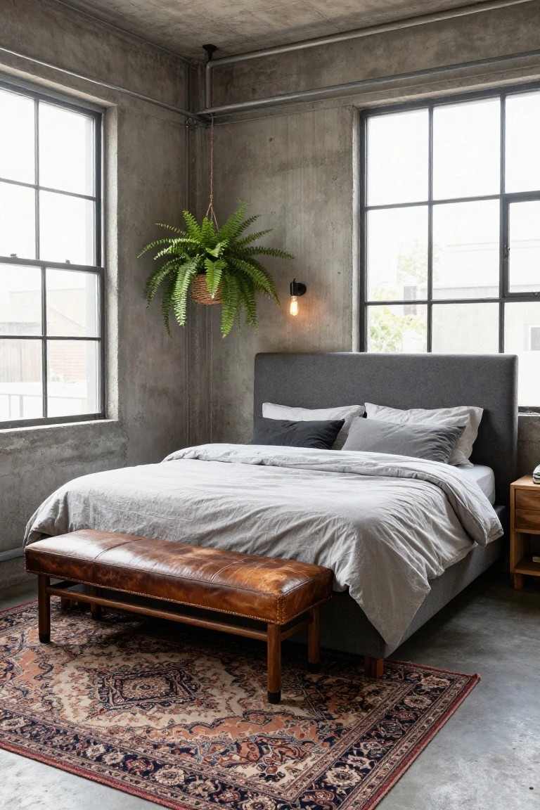 Corner of a bedroom with gray fabric-upholstered bed frame, neutral bedding, concrete walls and floor, large metal-framed windows, hanging potted fern, wall lamp, leather bench, wooden side table, and patterned rug.