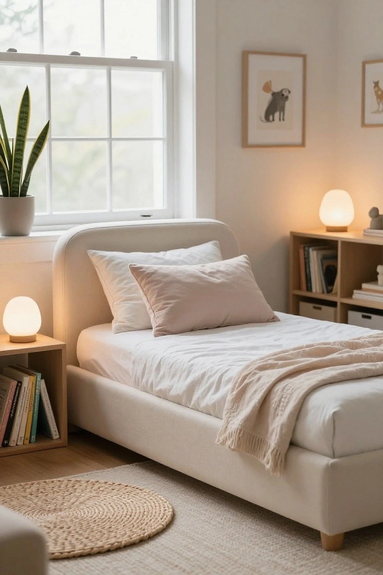 Cozy bedroom with curved cream fabric bed frame, white sheets, pink pillows, wooden nightstand holding books and globe lamp, potted snake plant by window, and shelves with books and bins.