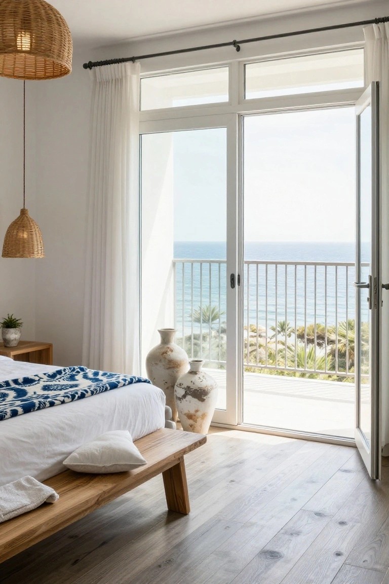 White upholstered platform bed with blue patterned throw blanket and white pillows on a wooden bench, in a bedroom with open balcony doors overlooking the ocean, rattan pendant lights, and white ceramic vases.