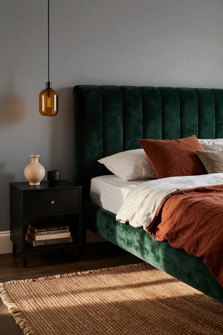 Bedroom with emerald green velvet tufted headboard bed, white sheets and terracotta throw, black nightstand holding books and vase, amber pendant light, and seagrass rug on wood floor.