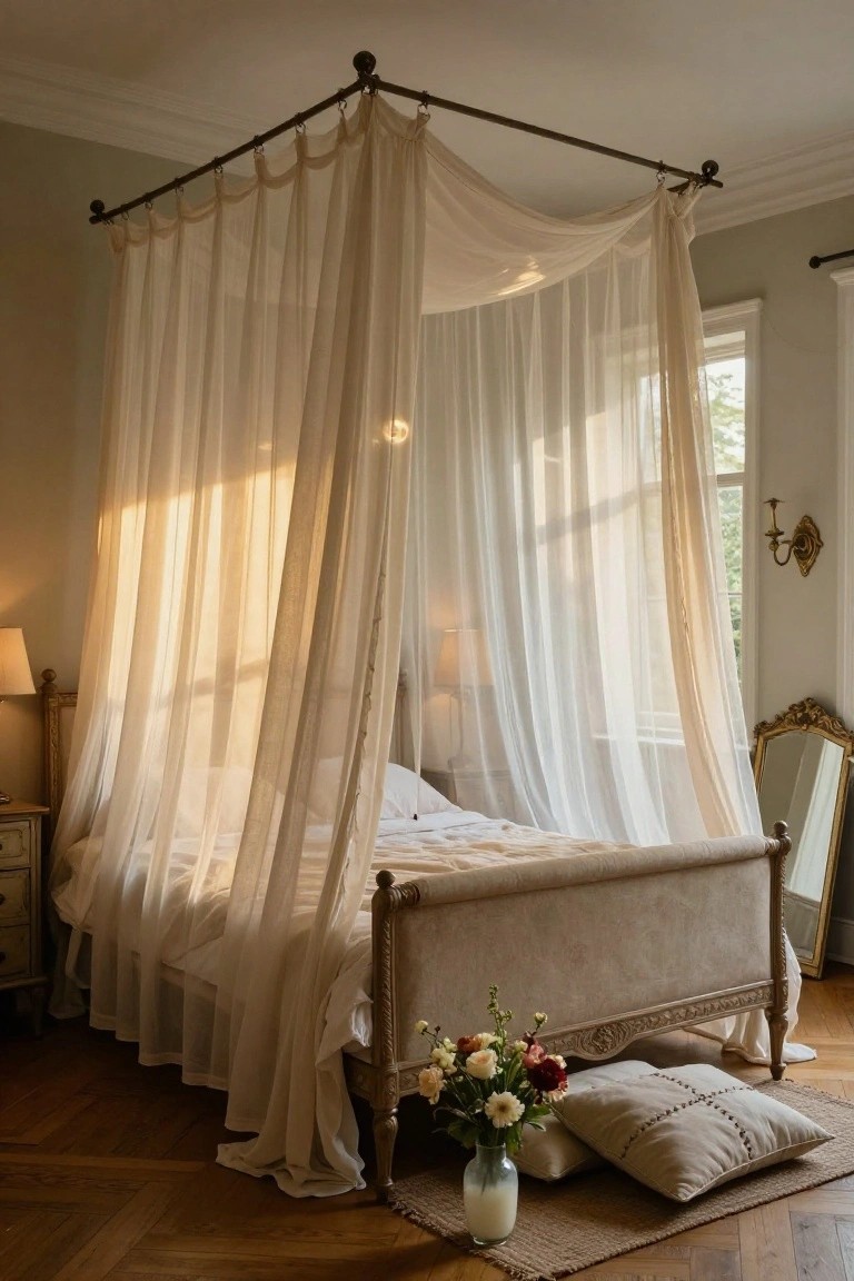 A sunlit bedroom with a four-poster bed featuring beige fabric-upholstered frame and white sheer canopy drapes, a vase of flowers on the floor, floor pillows, and antique-style furniture.
