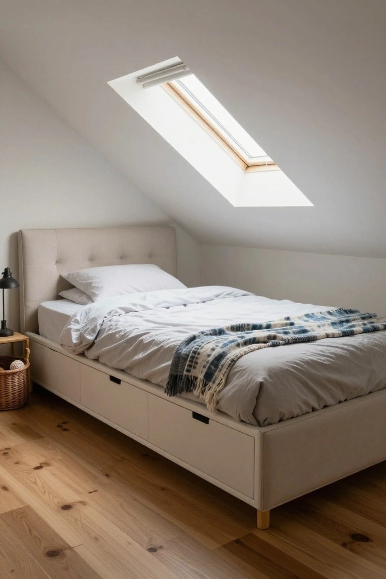 Minimalist attic bedroom with a white bed under a skylight.