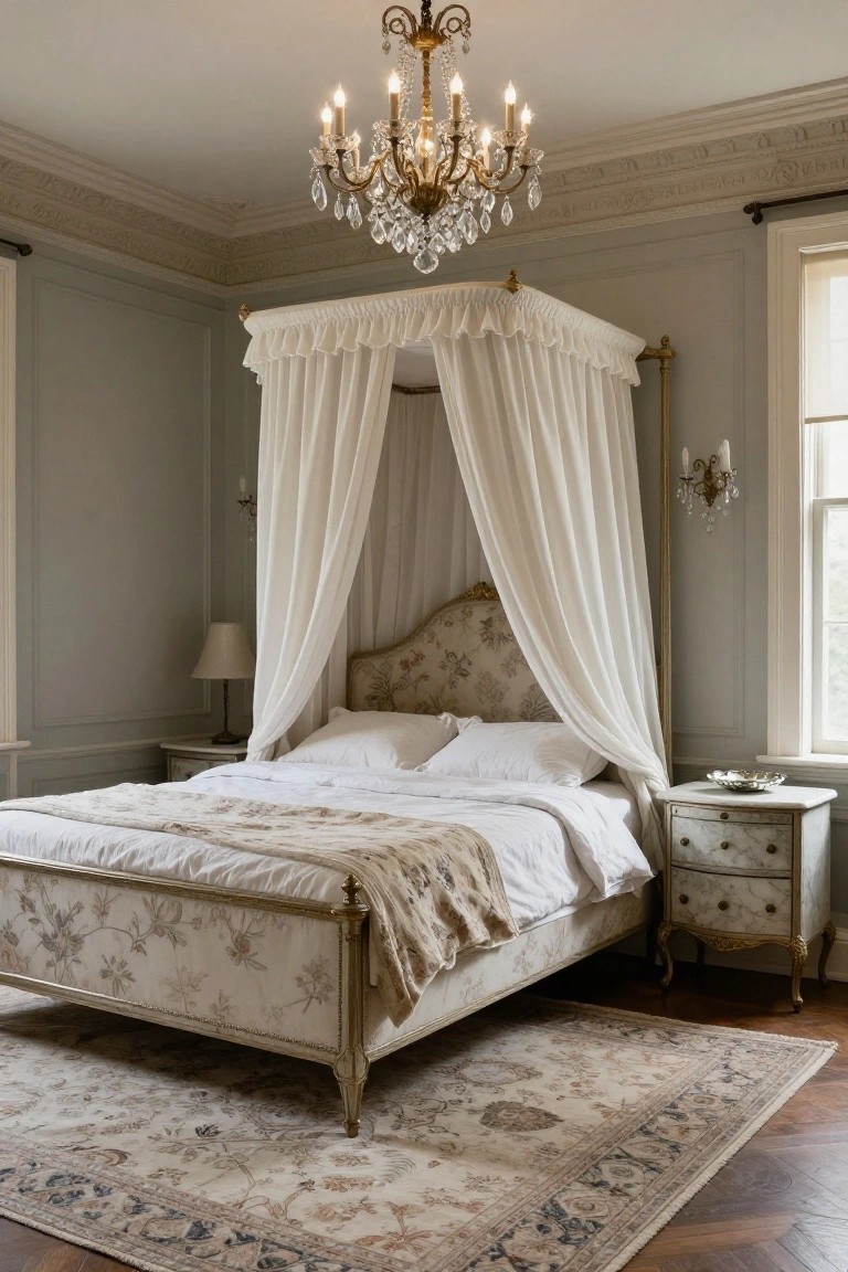 A bedroom in pale gray walls with a gold-trimmed floral fabric canopy bed draped in white sheers, white bedding, antique side tables, chandelier overhead, and a patterned rug on parquet floor.