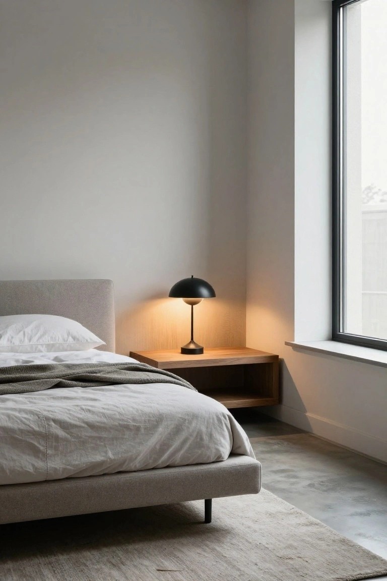 A minimalist bedroom corner with low-profile light gray fabric-upholstered bed frame, white rumpled sheets and pillows, wooden nightstand holding black dome lamp, large window, white walls, and beige rug on concrete floor.