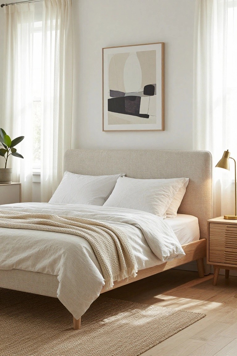 Minimalist bedroom with beige upholstered bed, white linens, abstract wall art, and warm sunlight.