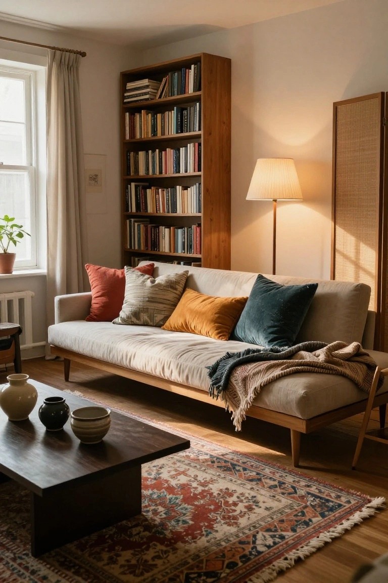 A sunlit living room with a beige fabric-upholstered daybed sofa, colorful pillows and throw blanket, wooden bookshelf filled with books, low wooden coffee table with ceramic vases, and a red-and-blue patterned rug on hardwood floors.