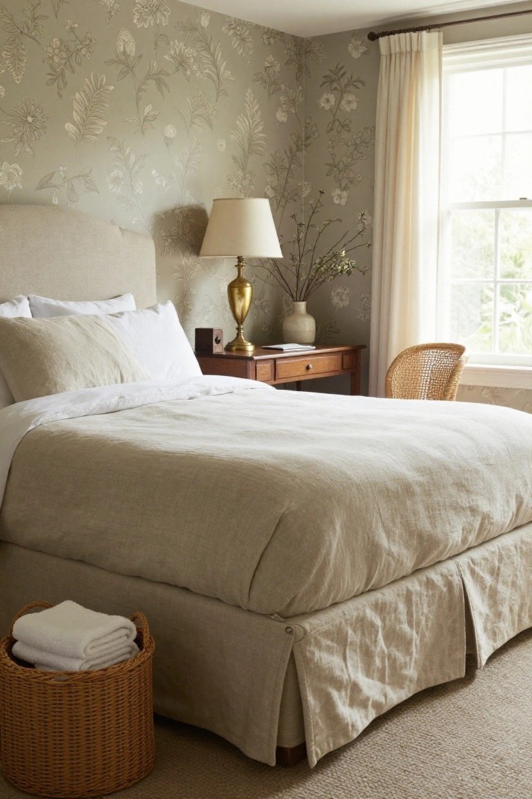 A bedroom with a beige linen-upholstered bed frame including headboard and skirt, white sheets and pillows, wooden nightstand holding brass lamp and vase, rattan chair by window, and gray floral wallpaper.