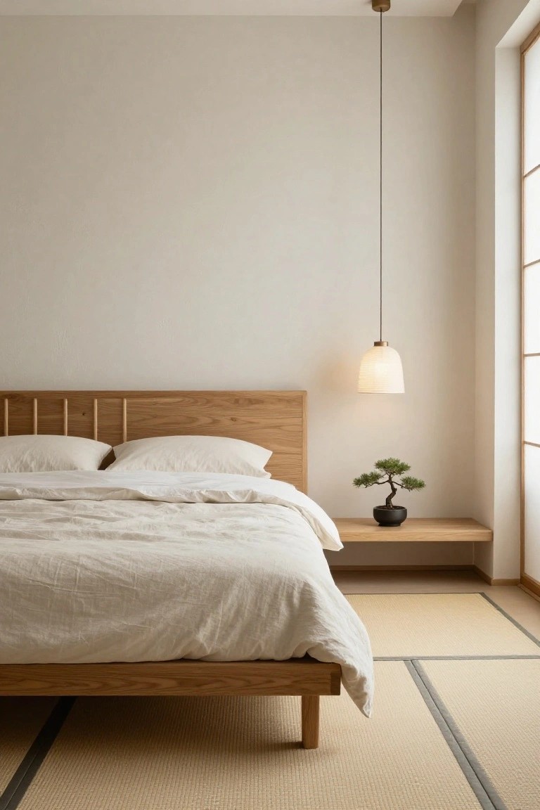 Minimalist bedroom with low oak platform bed topped by white linen bedding and pillows, wooden headboard, pendant lamp, bonsai on shelf, tatami floor mats, and large window.