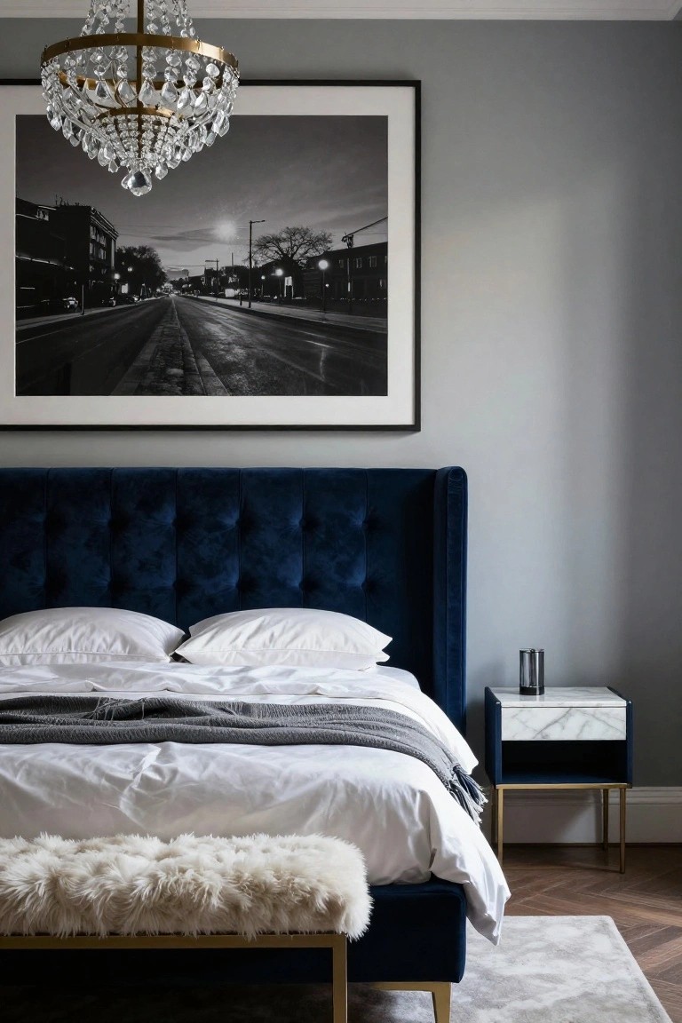 Bedroom with navy blue velvet tufted wingback headboard bed, white sheets and pillows, gray throw blanket, marble and navy bedside table with glass lamp, crystal chandelier, large black-and-white street photo on wall, light gray walls, wood flooring, and white fur bench at bed foot.