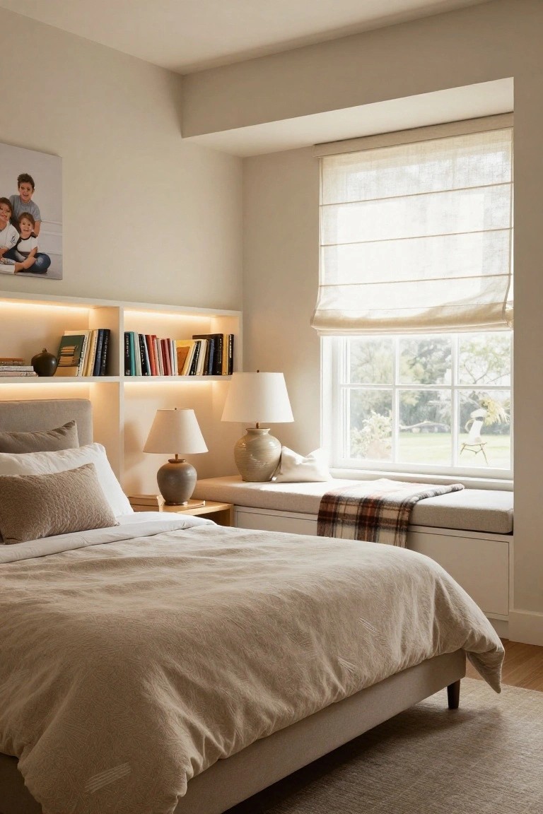 Bedroom with beige fabric-upholstered bed frame, headboard against built-in LED-lit shelves with books, two ceramic lamps on nightstands, window seat with plaid throw, and view of yard outside.