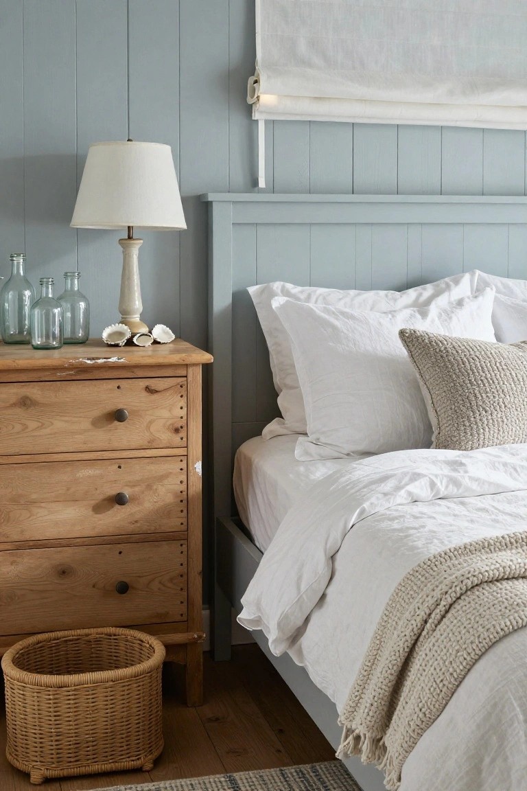 Bedroom corner with blue-painted wooden headboard and frame, white linen sheets and pillows on the bed with beige knit throw, wooden nightstand holding white lamp glass bottles and seashells, wicker basket on floor.