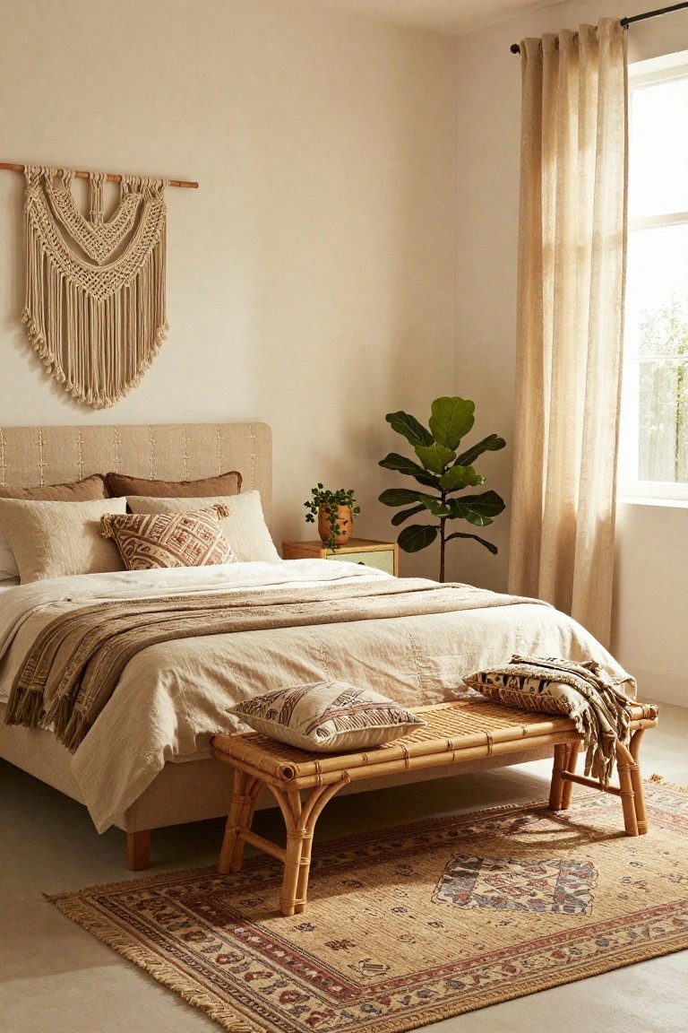 Beige bedroom with fabric-upholstered bed frame, textured pillows and throws, macrame wall hanging, potted fiddle leaf fig plant, rattan bench, sheer curtains over window, and patterned rug on light floor.